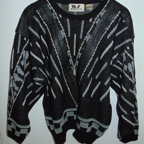Vintage 80s Wayne Scott Sweater Men's Hand Knit Leather Black White Retro Large - Picture 2 of 10